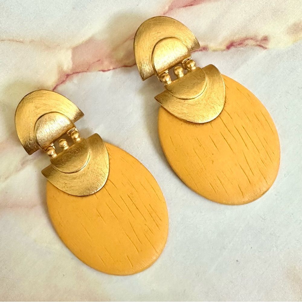 P.E.P vintage satin brushed gold tone yellow statement post earrings